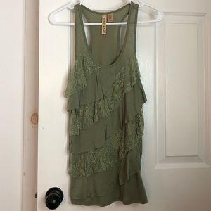 Olive green racerback Tank top with flirty lace layers Small Eyeshadow brand